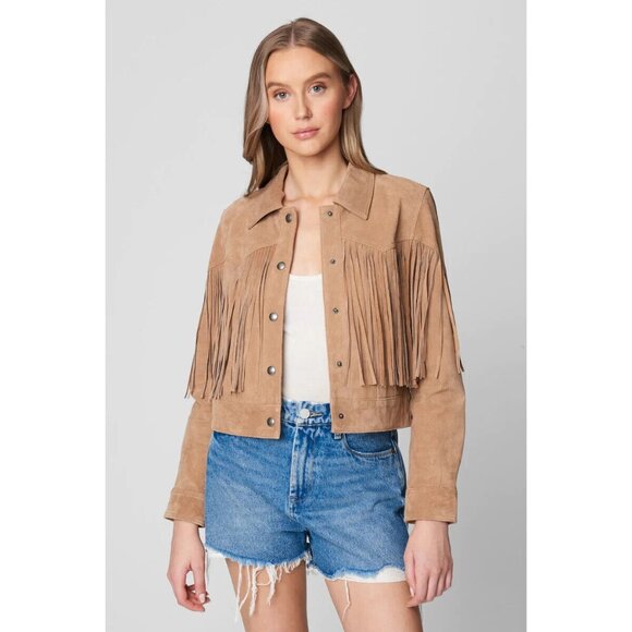 Blank NYC Jacket Fringe 100% Leather Almond Butter Button Front - Picture 2 of 13